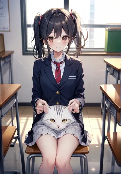 ( Masterpiece,  4K resolution ,  super real,  very detailed),  girl、、、 blazer、  guitar sits on a chair、classroom、Holding white pan ties with both hands、smile、  black hair、 side ponytail、 brown eyes,holding pan ties,presenting pan ties. perfect fingertips、 ...