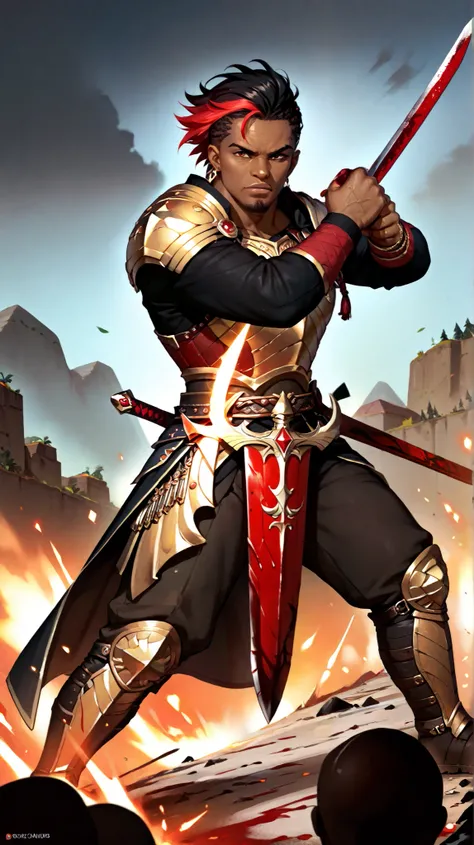 Create a dark-skinned African black man, With short black dread hair with red highlights, with goatee,  with blood red eyes ,  bronze armor with gold and diamond details black stones in, fighting with swords on a battlefield 