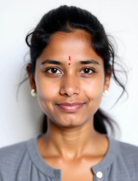 A Passport size photo of a Bangladeshi 26-year-old Women with a white board behind, his face is illuminated by the lights used with the camera, and the boy casts a dim shadow on the board.There was no smile on his face.