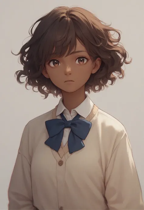 1girl, wavy hair, short hair, dark brown hair, brown eyes, straight bangs, brown skin, school uniform