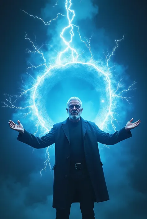  middle aged man opens a spatial opening in front of him with both hands extended in front of him, His two palms are touching the void and he opens a space-time crack , Blue-white lightning and thunder come out of blue space cracks