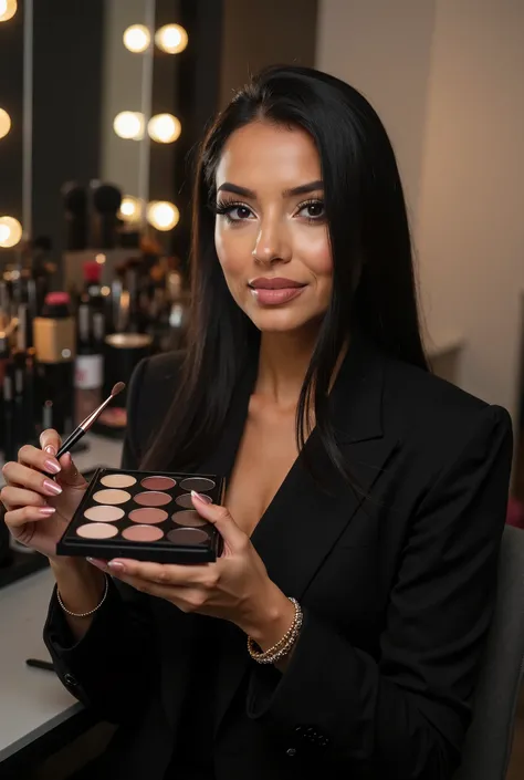  A stunning Latin makeup artist ,  with long straight black hair and intense dark brown eyes ,  is in her sophisticated makeup studio .  She wears an elegant black blazer and tailoring pants .  Her long, voluminous lashes highlight her beauty ,  and she we...