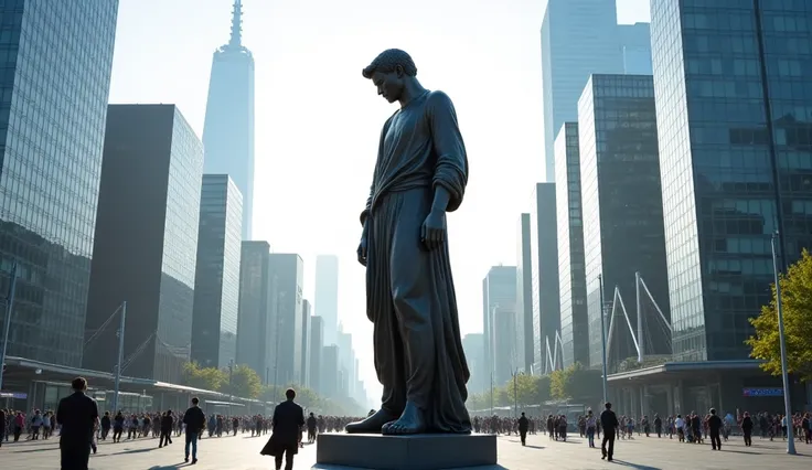  A modern statue of a stoic philosopher in an urban setting, connecting philosophy with current life .