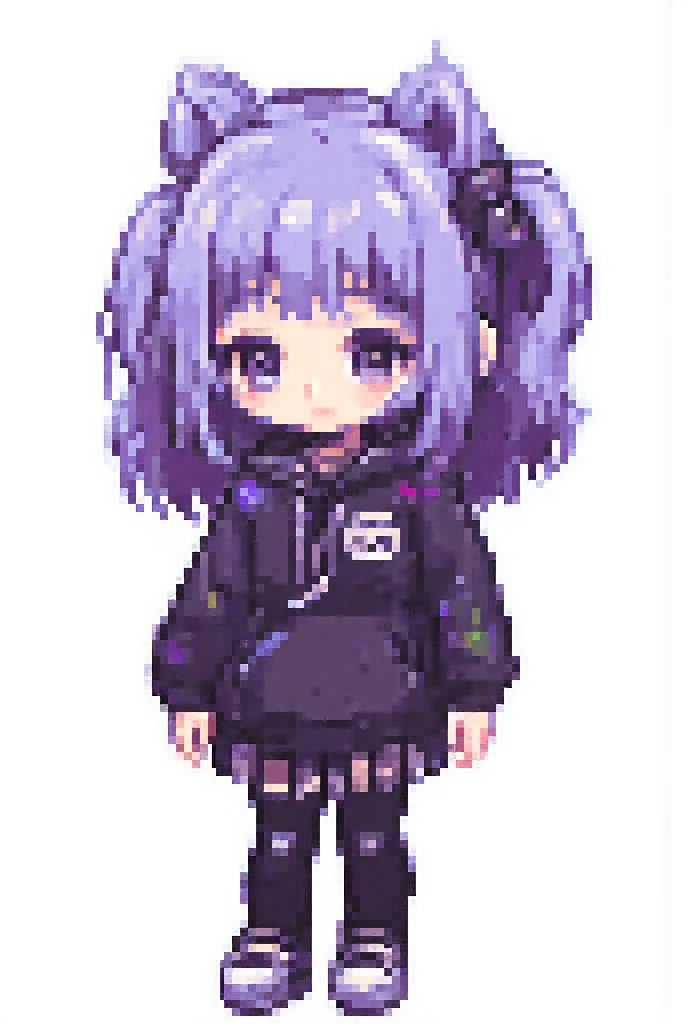 A sharp and clean pixel art of an adorable chibi original character (OC) with a soft emo aesthetic. The character has messy, slightly spiky or layered hair with long bangs covering one eye, adorned with tiny accessories like skull clips, chains, or small p...