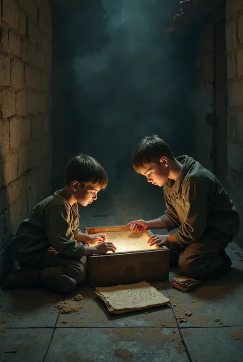 Inside a dimly lit old pati, a dusty wooden box sits in the corner. Two boys open it to find an ancient handwritten letter inside."