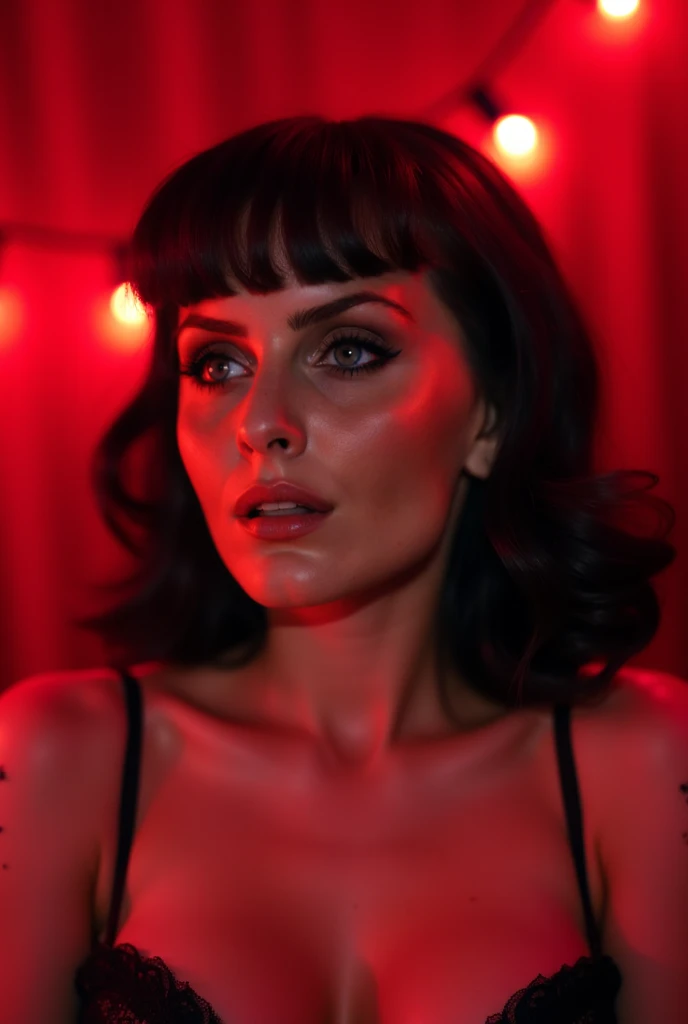 Portrait photo, full lips, 90s porn style production, red and pink lights, hairs like Betty Boop, extremely sensual, background velvet. Full lips. Tanned skin. Bright lipstick. Lights from the ceiling. 