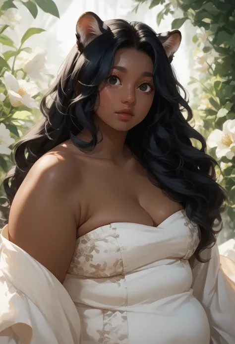 Anime illustration, semi-realistic, brown skin chubby woman with ocelot ears, dark skin, dark brown skin, demihuman, ocelot ears on head, ocelot tail, only ocelot ears, (((plus size body))), ((chubby body)), chubby face, round face, no human ears, no earri...