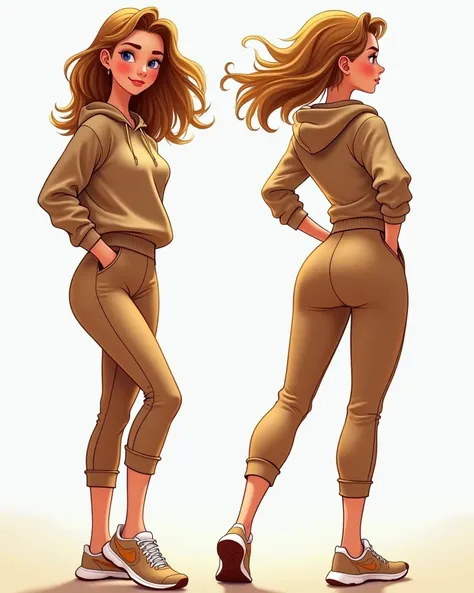  Cartoon of a teenage girl in beige sportswear.  The animated CHARACTER must be realistic and elegant ,  maintaining the artistic style of the drawing provided . She must have a very beautiful and realistic idealized face , like an idealized and radiant mi...