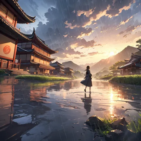  Software,  1 girl,  man on anthuro , throw, EXTRA WIDE ANGLE , landscape,  East Asian Architecture , sunlight, Sunrise, floating, cloud, null, rain, water,  full body, Outdoors, scenery,  depth of coverage