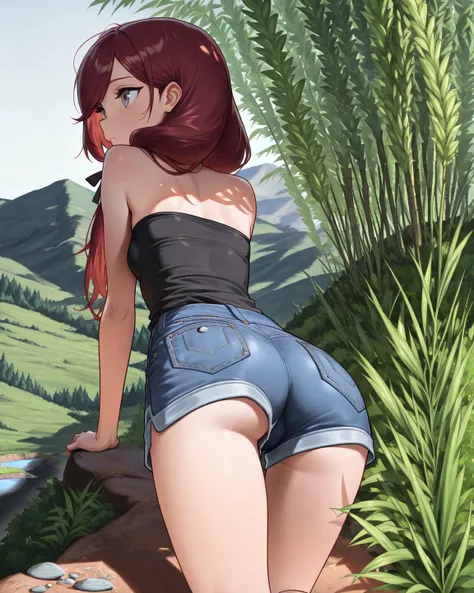 score_9, score_8_up, score_7_up, 1girl, solo, close up, back view, ass, hiking up steep hill, low twin tails, gray eyes, dark red hair,  (((long swept bangs))), thin, close up, small breasts, (((strapless))), ((strapless loose sleeveless shirt, black shirt...