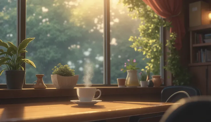 A cozy café on a rainy afternoon, in the style of Makoto Shinkai. Raindrops slide down the window as soft light fills the warm interior. A steaming cup of coffee sits on the table, its aroma blending with the gentle hum of the rain. A tranquil, nostalgic a...