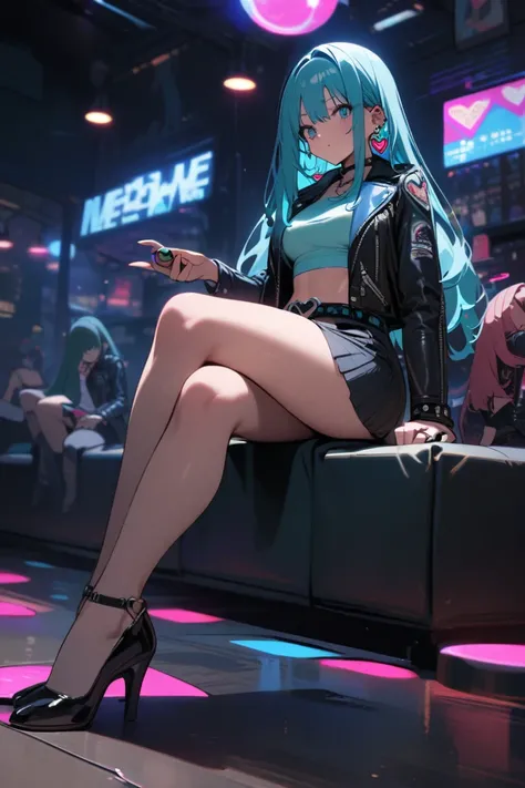 Women  green and blue long hair, wearing a  leather jacket and crop top and and a skirt  and high heels and heart earrings and has pokeballs on belt sitting at a club