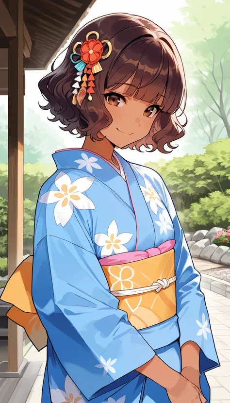 masterpiece, best quality, score_9, score_8_up, score_7_up, score_6_up, score_5_up, score_4_up, source_anime, 1girl, wavy hair, short hair, dark brown hair, brown eyes, straight bangs, brown skin, wearing blue kimono, japanese garden, japanese hair accesso...