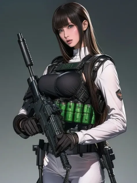  top quality、Amazing Details、 super high resolution、（ realism：1.4）、（（close：0.75））、One woman is very condensed、 beautiful delicate face、 Expiration Ratio、 Narrow Down the Target Group 、 big breasts）、 brown hair、（White Technology Suit）、（Cyborg Vs..  police u...