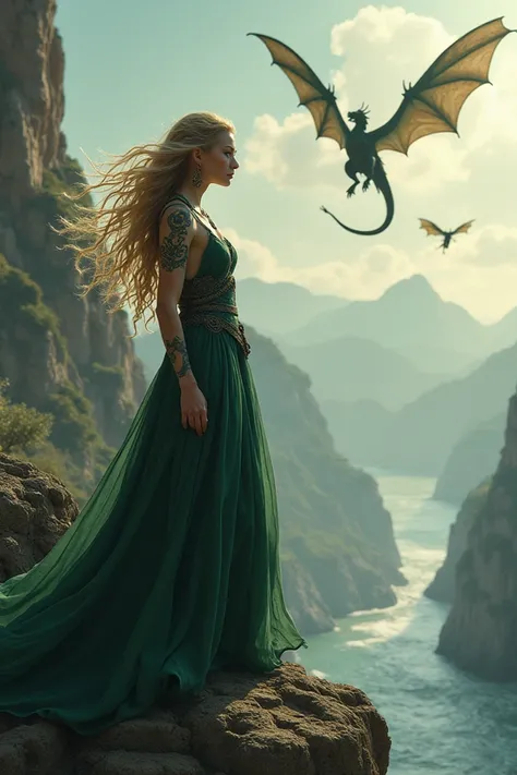 Circé la magicienne blonde aux yeux verts le visage tatoué debout sur une falaise admirant des dragons 