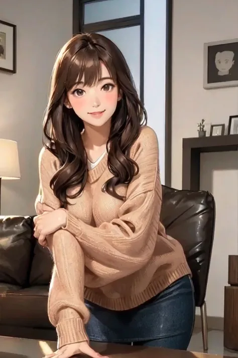  1 Woman Standing , /( oversized sweater /) V-neck,  Mature Woman, /( brown hair/) bangs,  Blushing Gentle Smile , (  masterpiece top quality  :1.2)   delicate illustration super detailed, Big tits pantyhose ripping /( MODERN HOUSE LIVING ROOM/) Indoors