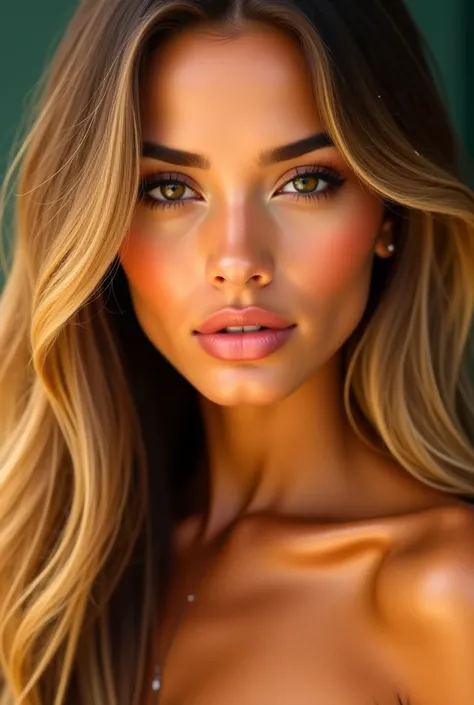 A Brazilian Latin woman with long golden hair ,  light brown eyes , boca , medium nose 