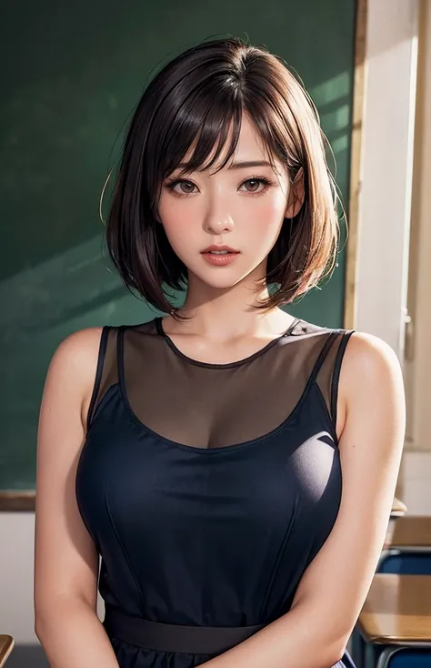 female student   , navy colored clothing 、bob cut
((( Masterpiece))), ((  top quality)), (( 複雑な Details)), ((  super realistic realism )), ,  mature woman,   mature woman,   see through,    high definition  , illustration, 1人の mature woman,    perfect hand...