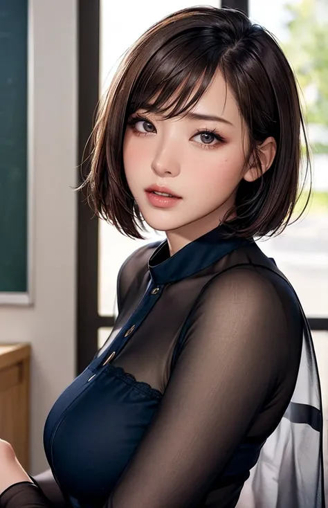 female student   , navy colored clothing 、bob cut
((( Masterpiece))), ((  top quality)), (( 複雑な Details)), ((  super realistic realism )), ,  mature woman,   mature woman,   see through,    high definition  , illustration, 1人の mature woman,    perfect hand...