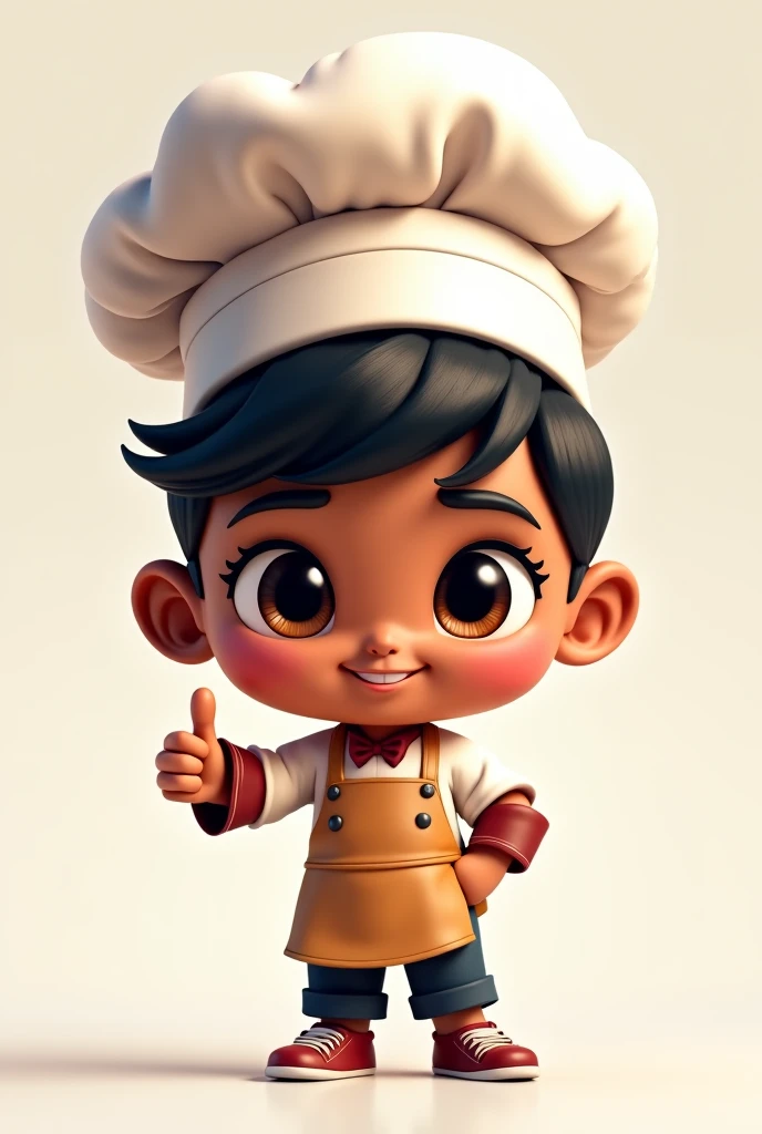   Create a digital drawing of a doll in the art style   ( Chibi)   with the following features and accessories  : mixed race leather ,   dark brown eyes ,  black hair,  classic haircut , black measuring lenses,  Head Chef Hat ,  happy smile, Look at the li...