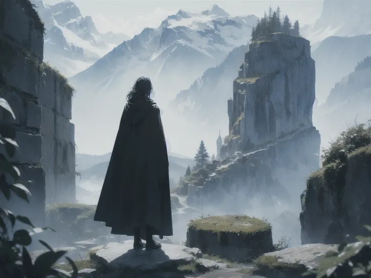 absurdres, highres, ultra detailed, (1 man:1.3), man with black hair, wearing black cloak, alone, standing atop large stone wall, looking into the distance, back turned
BREAK
(bokeh photography:1.2), soft focus, out-of-focus highlights, dreamy ambiance, bl...