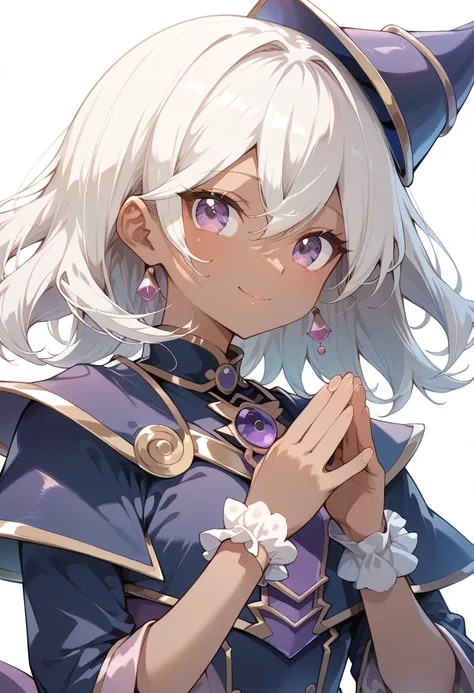 ((masterpiece, best quality, ultra detailed, high resolution, detailed facial description, perfect hands, perfect eyes)), (1 woman, solo), (brown skin:1.3), (white hair, very medium hair), (purple eyes), (Apprentice Illusion Magician costume), (light smile...