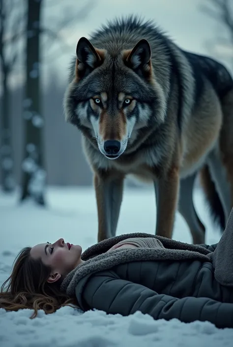 Wolf standing next Unconscious woman wearing coat, cleavage, 