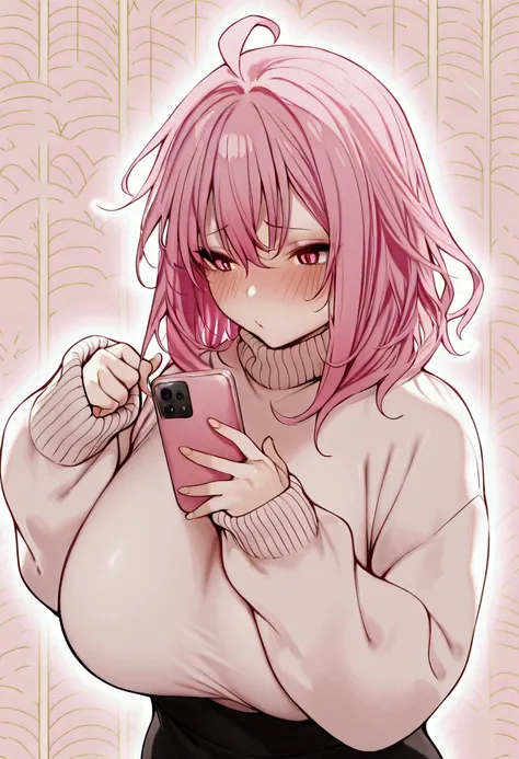 masterpiece, one girl, medium hair, pink hair, bang,, long hair,Big saggy breast,, blush, details,perfect, details master pieces,high quality,, feminine, perfect,realistic, perfect lights, perfect lights,kind eyes, white sweater,