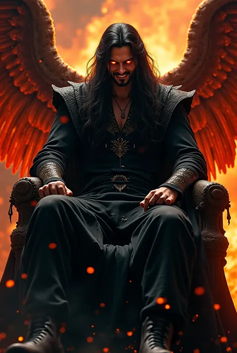 A male beautiful fallen angel, with a malevolent angry face. Long black hair, he has flame eyes, smiling in a sinister way. He is sitted on his hell's throne of damnation of fire and stone, he's dressed with an elegant black tunic with elegant design, but ...