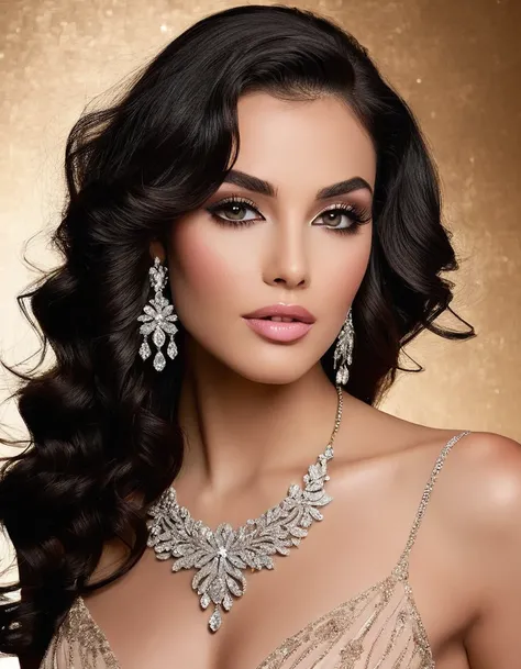 A stunning, real photography of a glamorous and celestial and heavenly and elegant and beautiful and mysterious sensual woman with perfectly symmetrical features, deep almond-shaped eyes with dramatic smoky thick and bold eyeshadow and shimmer, long curled...