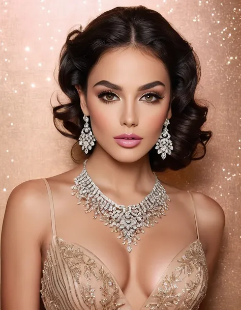 A stunning, real photography of a glamorous and celestial and heavenly and elegant and beautiful and mysterious sensual woman with perfectly symmetrical features, deep almond-shaped eyes with dramatic smoky thick and bold eyeshadow and shimmer, long curled...