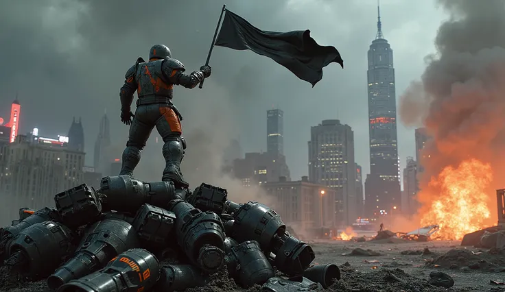 A close-up captures a **rebel fighter**, their **gray makeshift armor with bold orange accents** smeared with soot and battle scars, standing atop a pile of **destroyed Robo-Cops**. Their gloved hands grip a **black flag**, which flutters violently in the ...