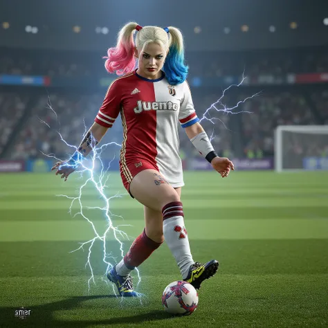 una harley queen con la ((((Juventus t-shirt))))  on the soccer field that is about to kick a ball.The ball is oval with (((( lightning effects in part ))))  Everything epic  ((((masterpiece))))  can be seen in full with the shirt in the image prompt.