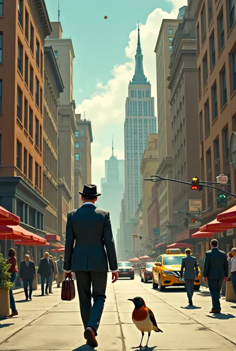 Man walking with a turdus bird through the city