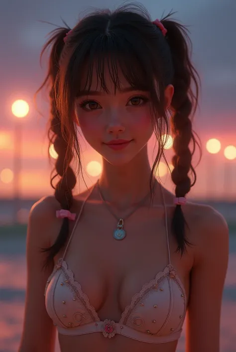 (Masterpiece, photorealistic, ultra-high detail, cinematic lighting), beautiful teen, age 16, long hair off, very pretty and delicate, skinny, tiny hips, ((small breasts)),visible push up breasts, light brown haired girl, pigtails in both sides of her head...