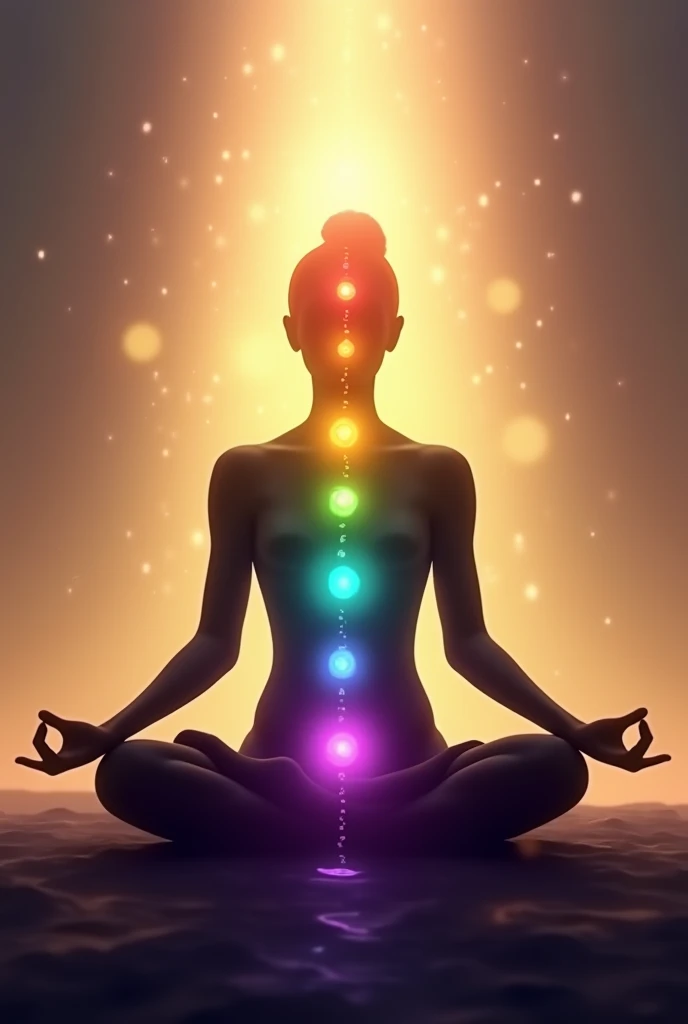 " A brilliant alignment of the seven chakras along the silhouette of a meditating person.  Each chakra is illuminated with its corresponding color :  red (source), orange (Sacral), yellow ( umbilical solar plexus ), green ( heart), blue (throat), indigo (t...