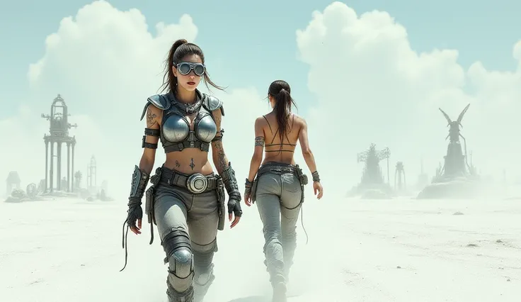 Two women in futuristic, steampunk-inspired attire, walking in a desert landscape. One woman is wearing a metallic, armored vest, goggles, and tactical-style clothing. Her hair is pulled back in a loose ponytail. The other woman is topless, with a tribal-p...