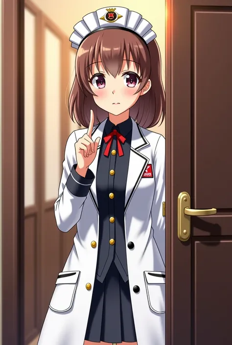  anime character in a white coat , standing in front of a door, Anime maid Nazi SS military , JK-Uniform,  In the style of the Kantai collection  ,  female anime character ,  anime visualization of a cute girl , as an anime character, Anya aus Spy x Family...