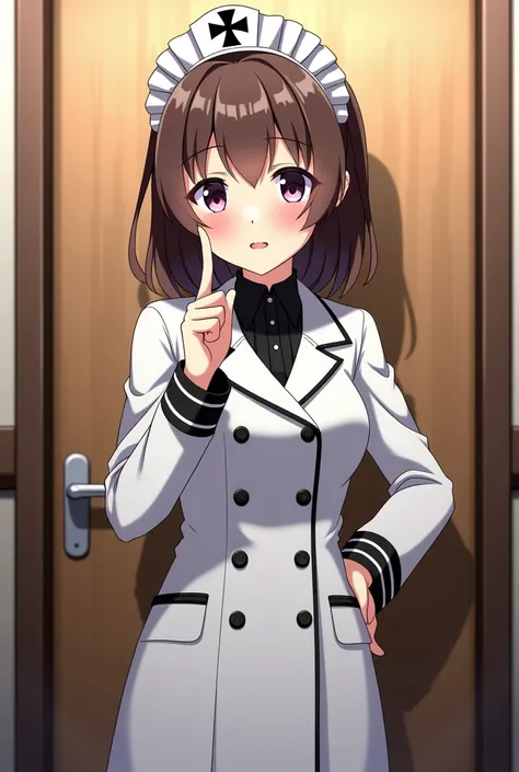  anime character in a white coat , standing in front of a door, Anime maid Nazi SS military , JK-Uniform,  In the style of the Kantai collection  ,  female anime character ,  anime visualization of a cute girl , as an anime character, Anya aus Spy x Family...