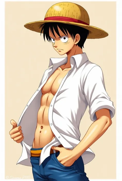 2d drawing Luffy, with a white shirt and with one hand holding and pulling the shirt