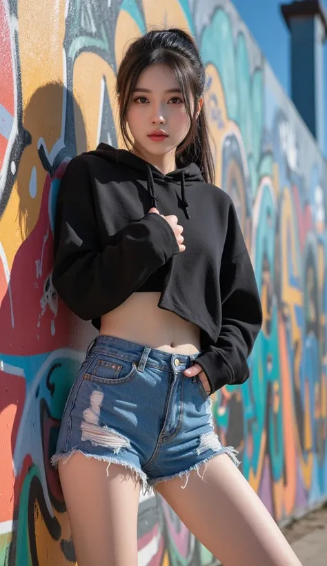  "A hyper-realistic photograph of a 22-year-old Korean woman posing in front of a vibrant graffiti wall, showcasing her natural beauty. She has smooth, glowing skin with a soft, natural glow, dark expressive eyes, and a bold, confident expression. Her long...