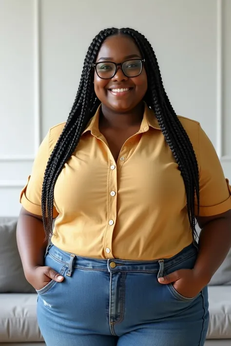 Black SSBBW, tight button up shirt, white backround, gigantic thighs, super big breasts, gigantic belly,braids, glasses, smiling, in living room