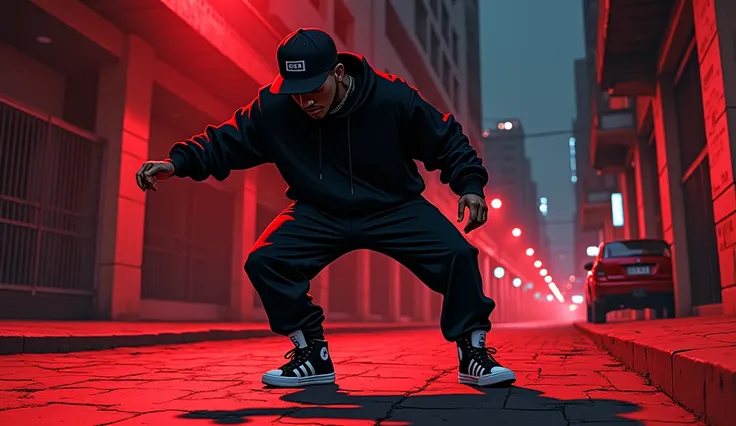 Red and black ink illustration of a Bogota white rapper, black sweatshirt with baseball cap, high-top Adidas sneakers, dancing hip hop on a gloomy night street. Super resolution, super quality, volumetric lights, three-dimensional shadows.