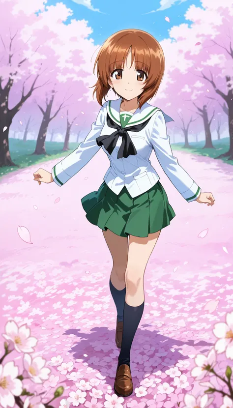  score_9,  score_8_ up the side,  score_7_ up the side,  source_Anime,
,Outdoors, cherry blossoms, standing,cowboy shot,smile,  Flower Field ,
  1 girl, Nishizumi Miho ,  Hair,  short hair,  brown eyes,   Oarai Gakuen uniform , white sailor color , black n...