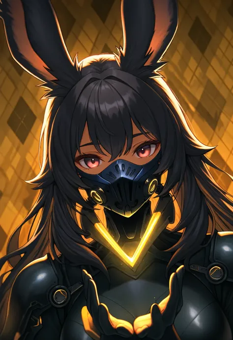 1 Viera girl,Alone,  upper body,  Mechanical Gear ,  full face mask, Mask Cover , academic, Shallow Shade ,  film grain,  Dutch Angle, cover your face with your hands, Incubator ,Argyle_background,Argyleプリント, Masterpiece, top quality, amazing quality,  so ...