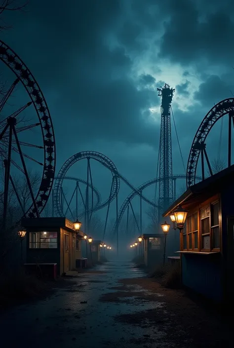 Here are some image prompts for each scene of "The Curse of the Haunted Amusement Park":

Scene 1: The Abandoned Amusement Park
Image prompt: A dark and stormy night. An abandoned amusement park in the background with creepy rollercoasters and rickety game...