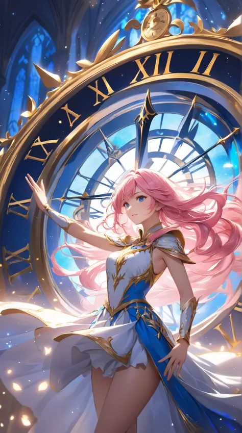 A stunning fantasy-style girl, long pink hair, wearing a knight-inspired dress with gold decorations, a mix of deep blue and white, a massive clock behind her, the clock hands glowing with magical power, dramatic pose, hair flowing in the wind, magical aur...