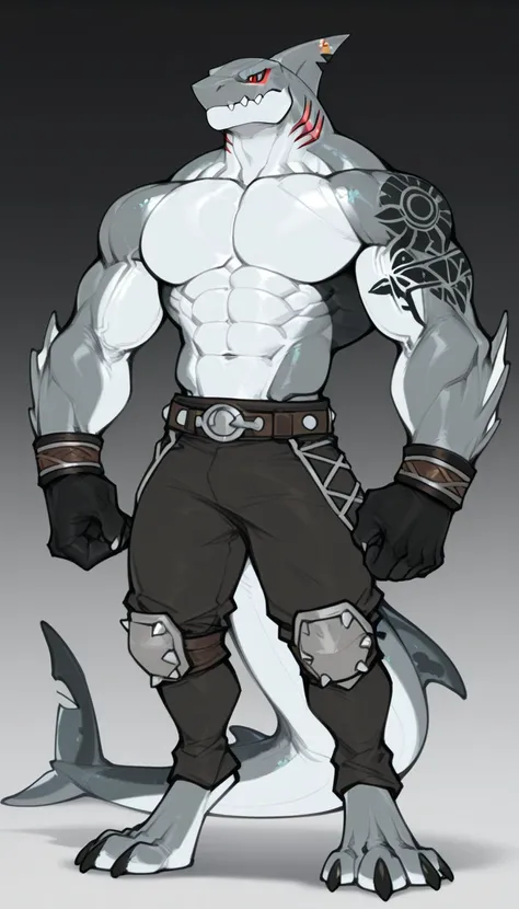 sharkman, anthro megalodon, darker hands and fins, black back, solo, big arms, bara, detailed skin, lizard shark hybrid, anthro, closed mouth, polynesian tattoos, tattoos covering arm and shoulder, detailed scalie skin, scalie arms, fins on arms, gray colo...