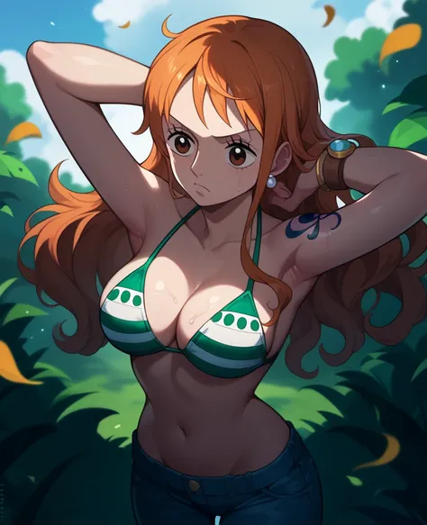 aanami, long hair, orange hair, earrings, brown eyes, shoulder tattoo, breasts, collarbone, bare shoulders, cleavage, bikini top only, striped bikini, green bikini, bracelet, jeans, blue pants, showing armpit, armpit open up, sweaty, outdoor, green field, ...