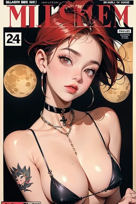 (( Masterpiece)), ((  top quality)), (   Details), (  girl ),  Slanted Eyes ,   short bob hair , Red Hair,   big breasted with a cross eye, Moon Earrings，(((black choker with chain)))，(( tattoo on arm))，  photos, (beautiful    Details face), (   Details ey...